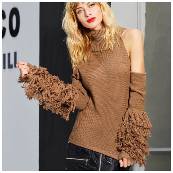 Brown Fringe Cold Shoulder Turtleneck Sweater - Picture 5 of 5